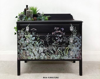 SOLD ~ Vintage chest of 3 drawers. Black hand painted drawers. Pine bedroom furniture. Chest of pine drawers. Bedroom storage.