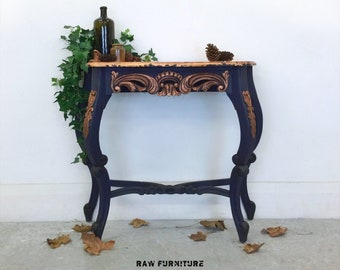 SOLD ~ Ancient Mariner carved console table. Navy blue and copper console table. Hallway, dining room furniture. Annie Sloan Chalk Paint