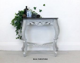 SOLD ~ Vintage carved console table. Hand painted grey and white console table. Hallway furniture.