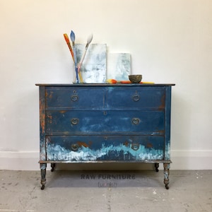 SOLD ~ Vintage Hand Painted Chest of 4 Drawers. Annie Sloan Chalk Paint, Abstract Art on Wood. Bedroom Furniture, Clothes Storage.