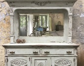 SOLD Antique Oak Mirror Backed Dresser, Hand Painted Sideboard, Buffet, Shabby Chic Drinks Cabinet, Grey White Dresser, Carved Detail