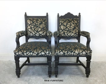SOLD ~ Hand painted and reupholstered dining chairs. Black dining chairs. Reupholstered chairs in modern fabric. Dining room furniture.