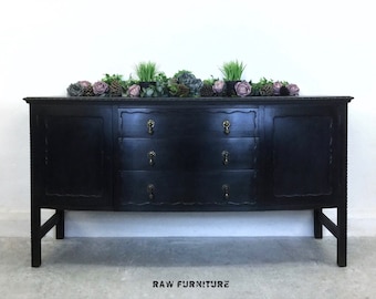 SOLD ~ Large Sideboard/Drinks Cabinet. Hand painted black storage cabinet. Annie Sloan Chalk Paint. Dining room, hallway, kitchen storage.