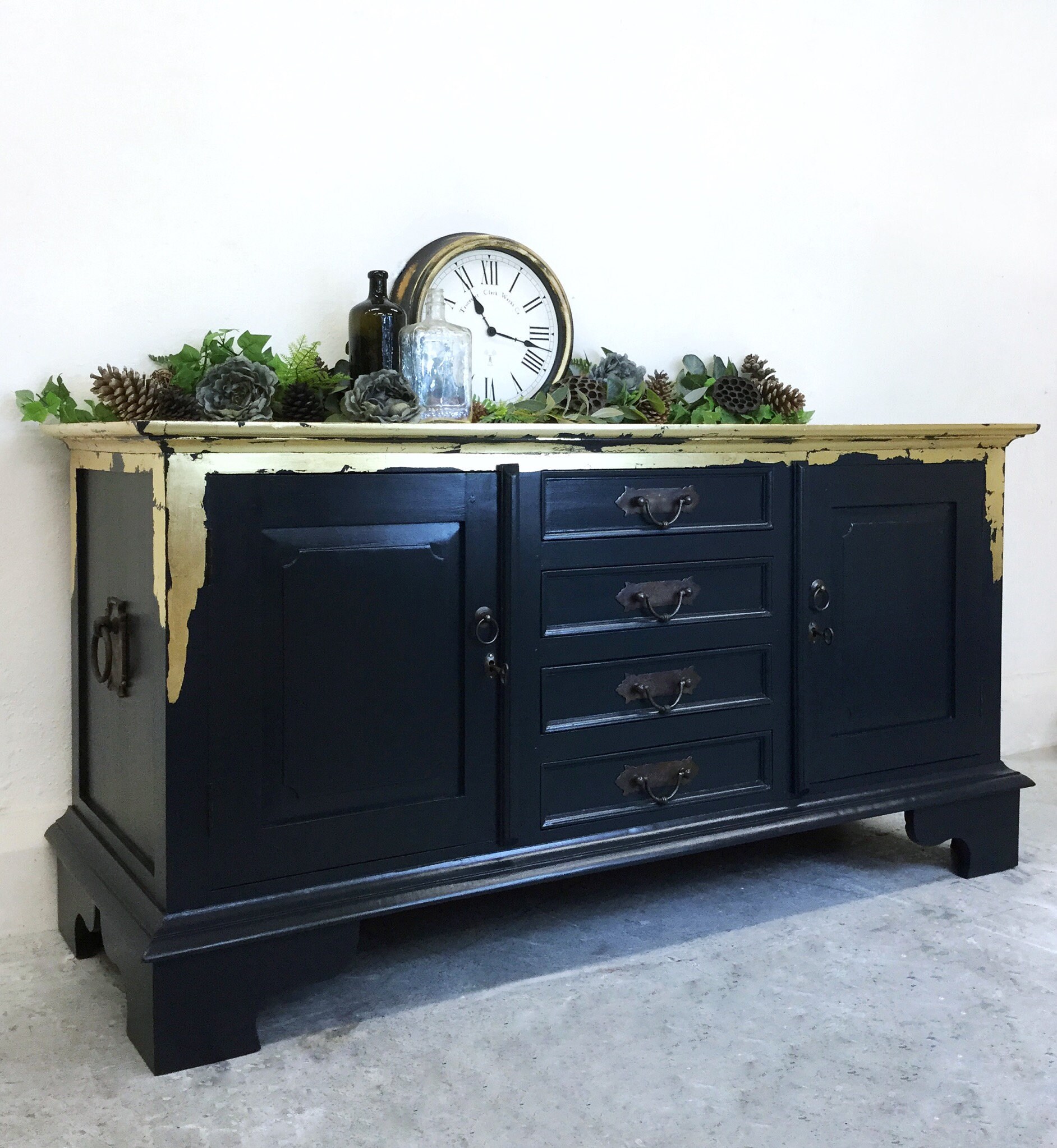 SOLD Gold Leaf Sideboard. Hand Painted Sideboard. Navy Blue Etsy UK