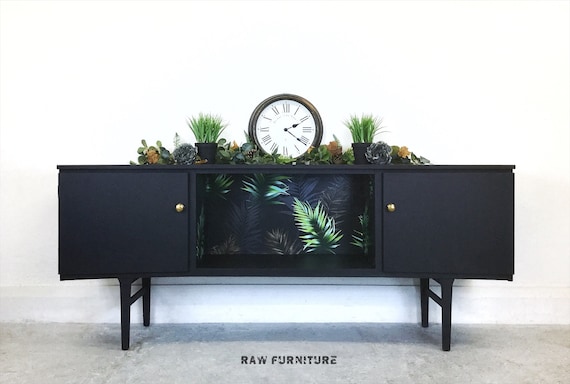 SOLD ~ Hand painted black with decoupage bespoke sideboard. Drinks Cabinet. Annie Sloan ‘Athenian Black’. Fauna wallpaper, storage solution.