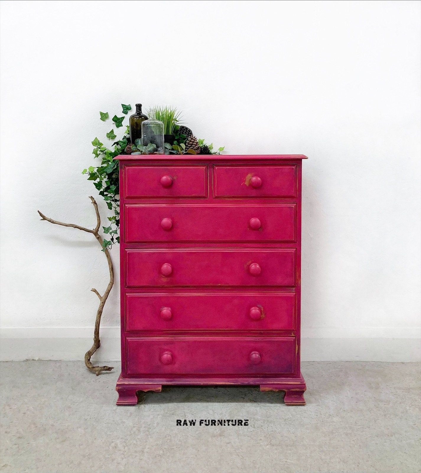 SOLD Scartop Chest of 6 Drawers. Bohemian and Eclectic Pink