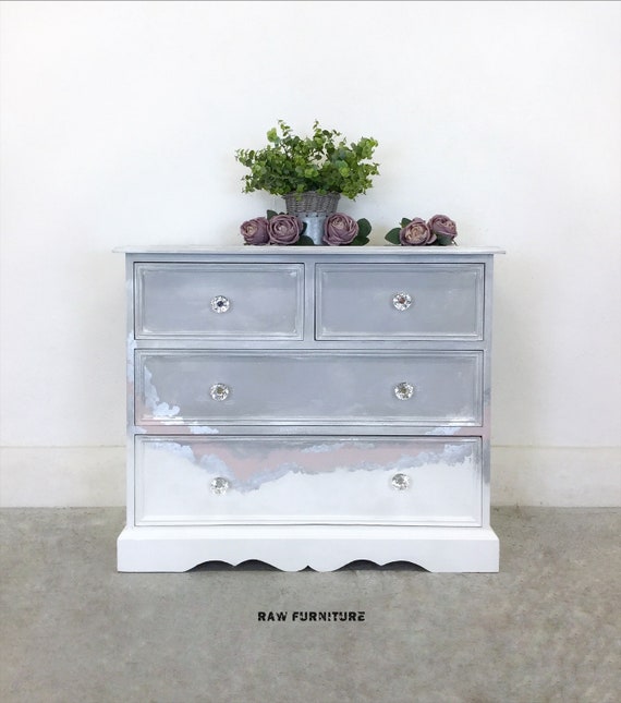 SOLD Chest of Drawers. Hand Painted Annie Sloan Chalk Paint. White, Grey,  Silver Drawers. Bedroom Furniture Storage. 