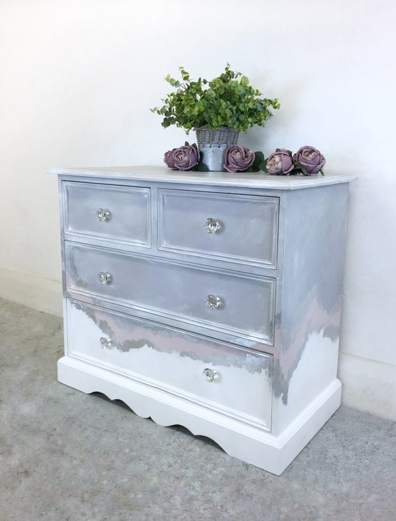 SOLD Chest of Drawers. Hand Painted Annie Sloan Chalk Paint. White, Grey,  Silver Drawers. Bedroom Furniture Storage. 