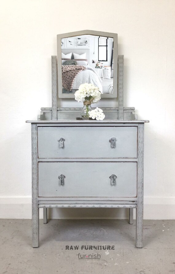 Sold Hand Painted Grey Chest Of Drawers With Mirror Shabby Chic Vanity Unit Vintage Bedroom Furniture Storage