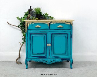 SOLD ~ Bohemian Cabinet. Bathroom Vanity Cupboard. Gold and Teal. Hand painted cupboard. Gold leaf.