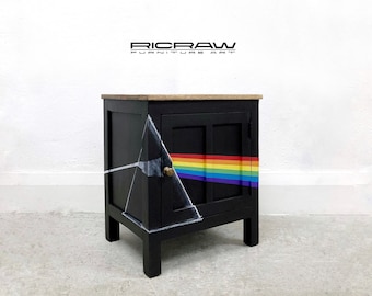 SOLD ~ Side Cupboard. Lamp Table. Bedside Table. Pink Floyd ‘Dark Side of the Moon’. Hand Painted Art. Hand Crafted Mango Wood Cabinet.