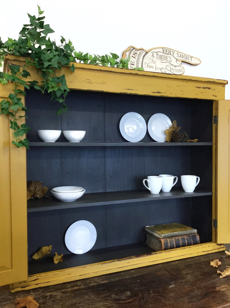 SOLD Rustic Farmhouse Antique Pine Cupboard. Hand Painted in Mustard