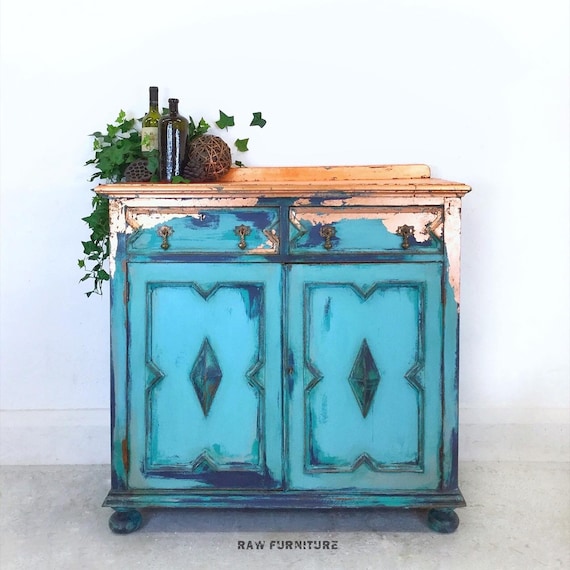 SOLD ~ Bohemian copper cupboard. Hand painted drinks cabinet. Teal, blue, green, copper colour.  Storage cupboard. Hallway, dining room.