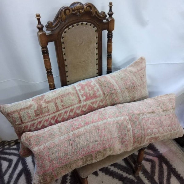 twin home decor pillow 35x90cm/inc.14x35 pair Muted pink grey beige carpet lumbar pillow wool rug