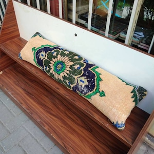 37x10inc/95x25 cm long green lumbar rug pillow,tulu pillow pillow  ,natural pillow, color rug ,vintage turkish pillow oushak rug