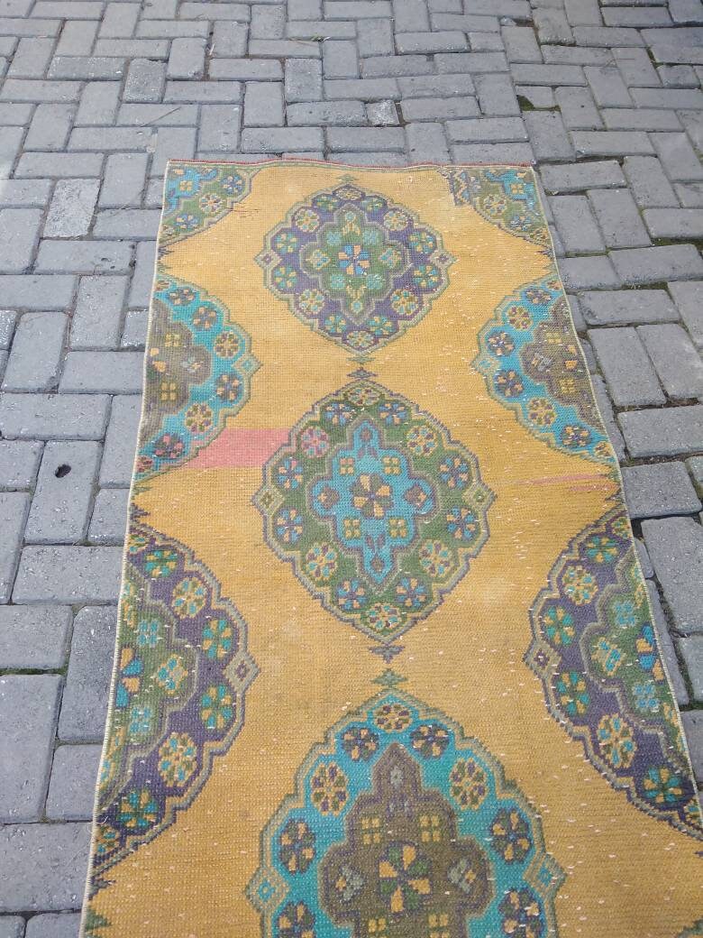 290x81cm/ft.9.51x2.65 Yellow Runner Rug Wool Vintage Rug ,oushak Rug