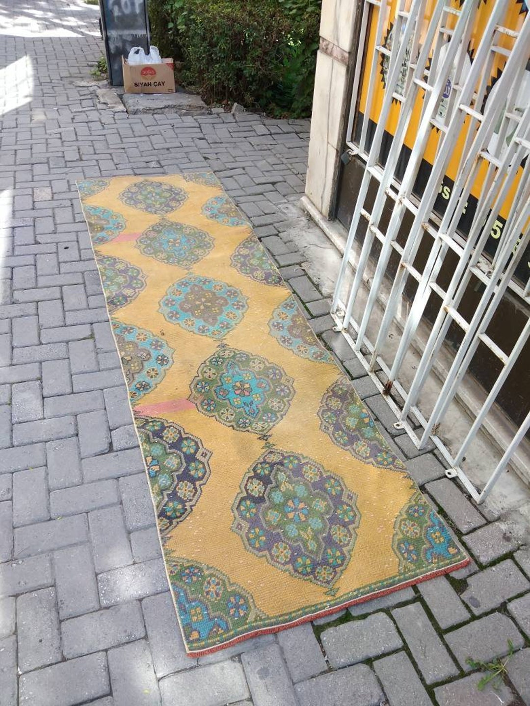 290x81cm/ft.9.51x2.65 Yellow Runner Rug Wool Vintage Rug ,oushak Rug