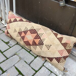 lumbar pillow 14x33inc,/35x85 cm faded long rug,  organik wool pillow rug, natural cushion, turkish rug orienral decorbrug throw