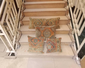 Oushak Wool Pillow Set: Vintage Turkish Rug Design, Bohemian Decor