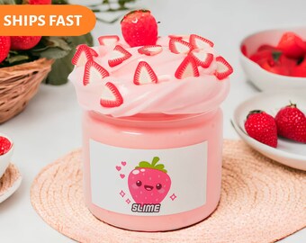 Strawberry fluffy pink slime - strawberry milk - strawberry shortcake butter slime - strawberry milkshake - buttercream slime