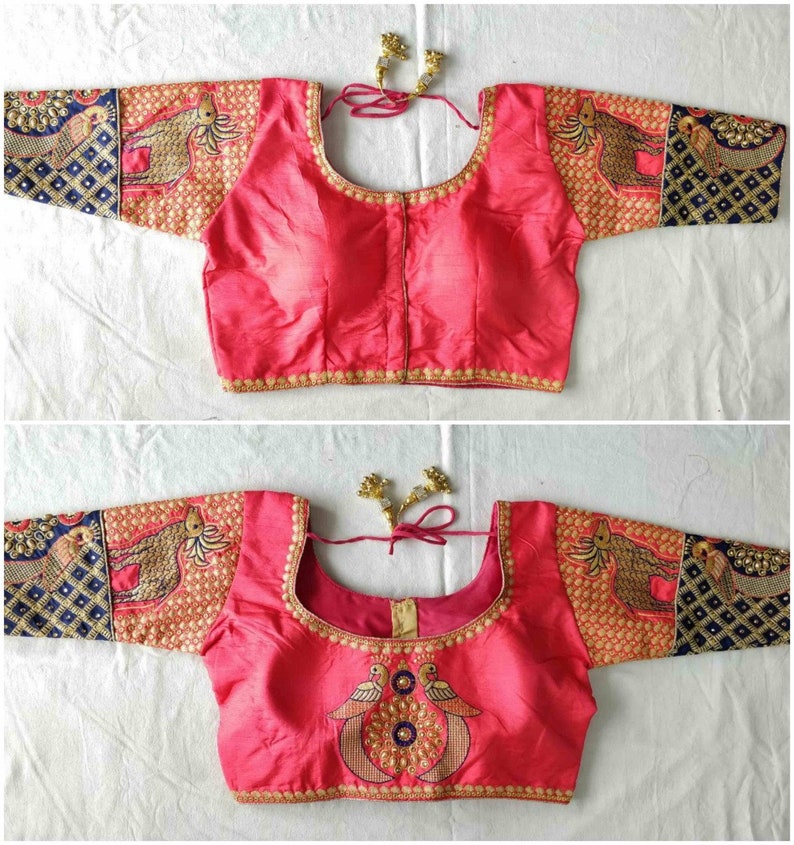 34 Sleeves Designer Ready-made New Banglori Wedding Saree Peacock /& Deer Embroidery Stitched Blouse Crop Sari Top Party Wear Work For Women