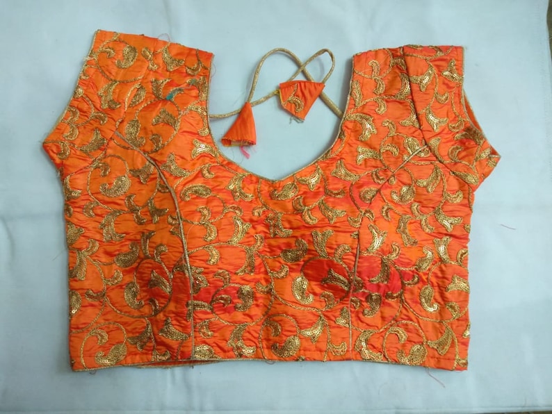 New Readymade ORANGE Ready made Choli Stitched Top Saree Wedding Art Silk Floral FULLY Embroidered Work Blouse Party Sari Tunic for Women
