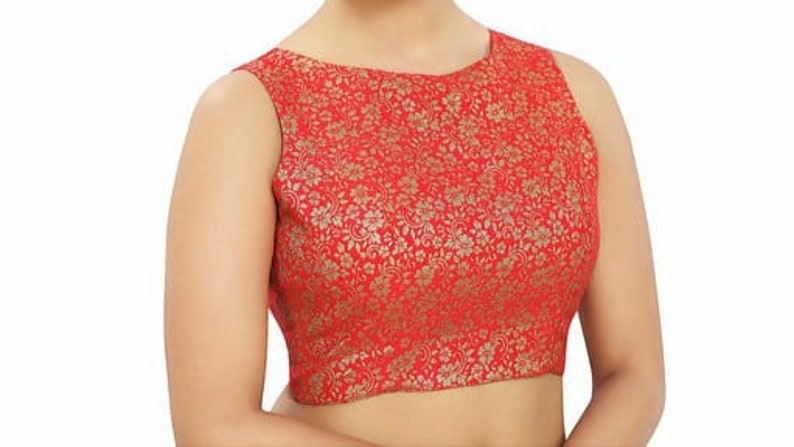 Designer Readymade Benaras Brocade Stitched Wedding Christmas Party Wear Indianattire BOAT NECK Blouse Crop Sari Top For Women