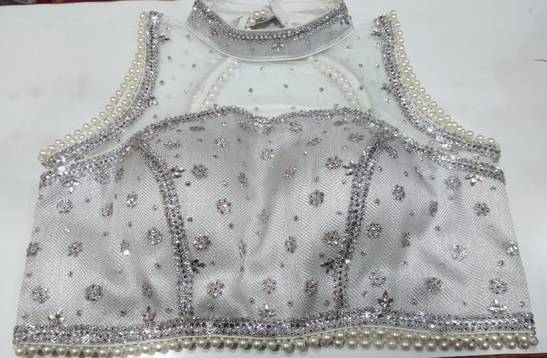 SILVER /& WHITE Readymade Choli Stitched Top Saree Wedding Party Wear Art Silk Beaded Blouse Marriage Tunic Sari for Women