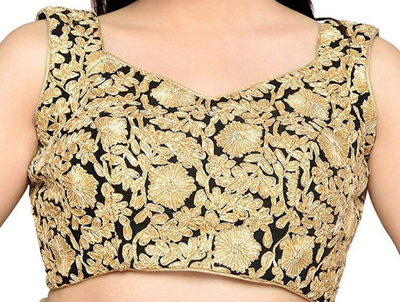 Black Readymade Polyester Stitched Wedding Christmas Party Wear Saree ROUND NECK Blouse Crop Sari Top For Women