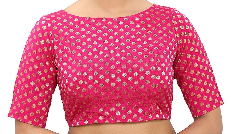 Designer PINK Readymade Benaras Brocade Stitched Wedding Party Wear Saree BOAT NECK Blouse Crop Sari Top For Women MF1