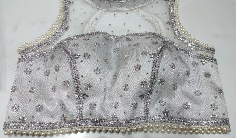 SILVER /& WHITE Readymade Choli Stitched Top Saree Wedding Party Wear Art Silk Beaded Blouse Marriage Tunic Sari for Women