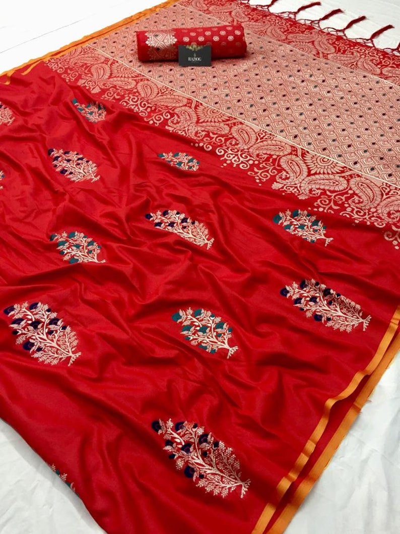 Heavy Pure Silk Saree Bridal Christmas Gift Occasional Wear Party Wedding Sari Wear with Running Blouse