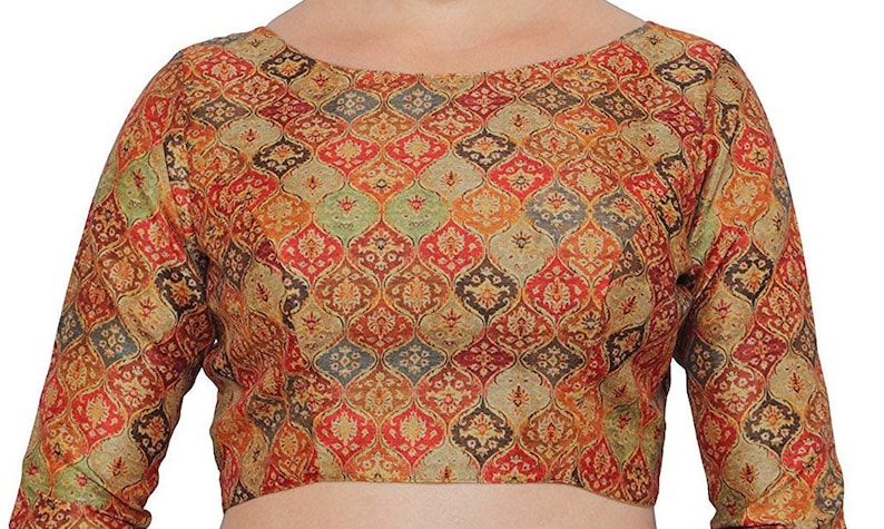 Designer Readymade Poly Raw Silk Blouse Stitched Wedding Christmas Party Wear Digital Print Indianattire BOAT NECK Crop Sari Top For Women