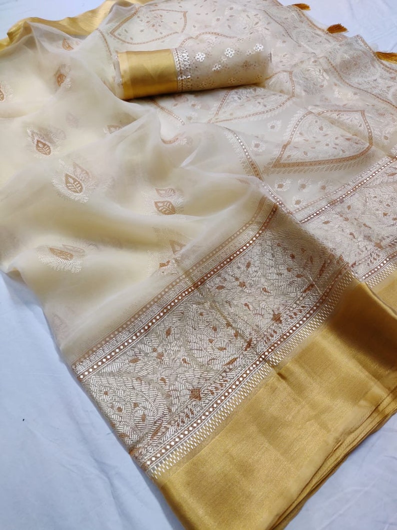 Traditional ORGANZA Printed Soft Saree with Bridal Christmas Gift Occasional Wear Party Wedding Light Weight Sari Wear with Running Blouse