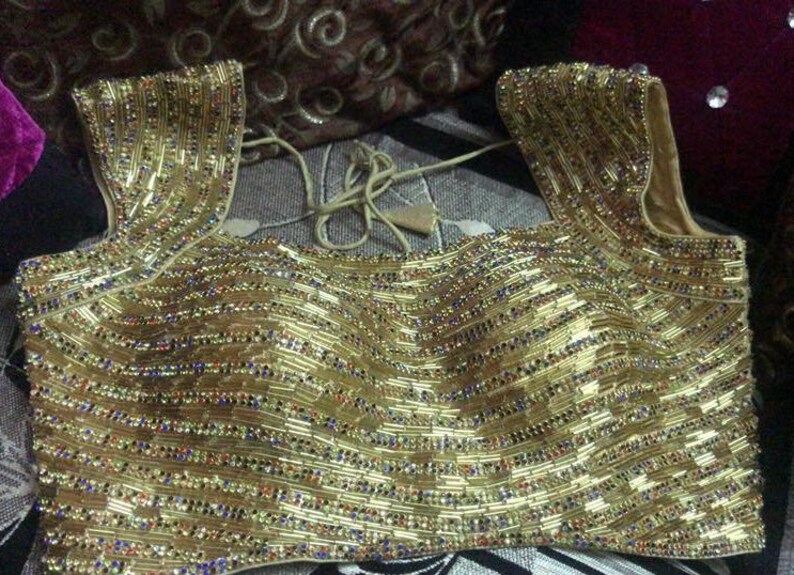 Heavy Golden Readymade Wedding Party Wear Zircon /& Bugle Glass Beads Work Blouse Choli Stitched Top Saree Marriage Tunic Sari for Women