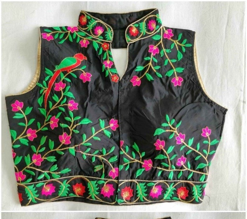 BLACK Designer Birds Heavy Embroidery Readymade Blouse Party Wear Wedding Saree Stitched Crop Sari Top New Banglori Silk Women