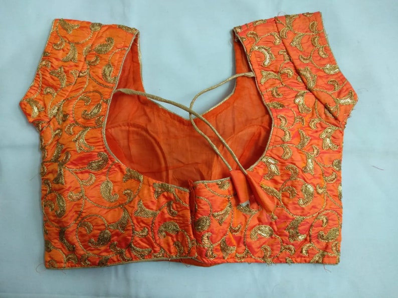 New Readymade ORANGE Ready made Choli Stitched Top Saree Wedding Art Silk Floral FULLY Embroidered Work Blouse Party Sari Tunic for Women