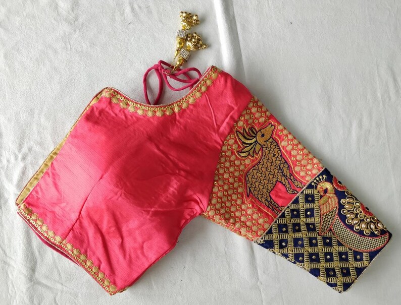 34 Sleeves Designer Ready-made New Banglori Wedding Saree Peacock /& Deer Embroidery Stitched Blouse Crop Sari Top Party Wear Work For Women