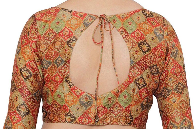 Designer Readymade Poly Raw Silk Blouse Stitched Wedding Christmas Party Wear Digital Print Indianattire BOAT NECK Crop Sari Top For Women