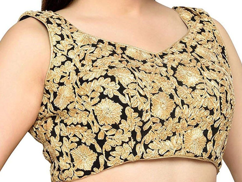 Black Readymade Polyester Stitched Wedding Christmas Party Wear Saree ROUND NECK Blouse Crop Sari Top For Women