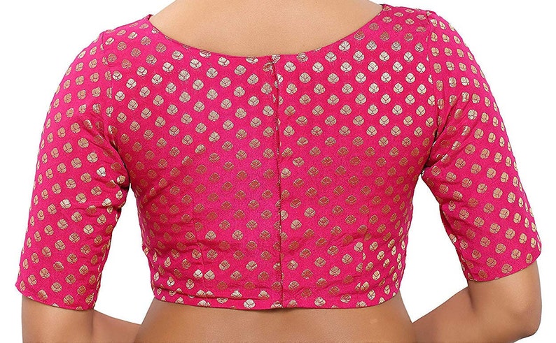 Designer PINK Readymade Benaras Brocade Stitched Wedding Party Wear Saree BOAT NECK Blouse Crop Sari Top For Women MF1