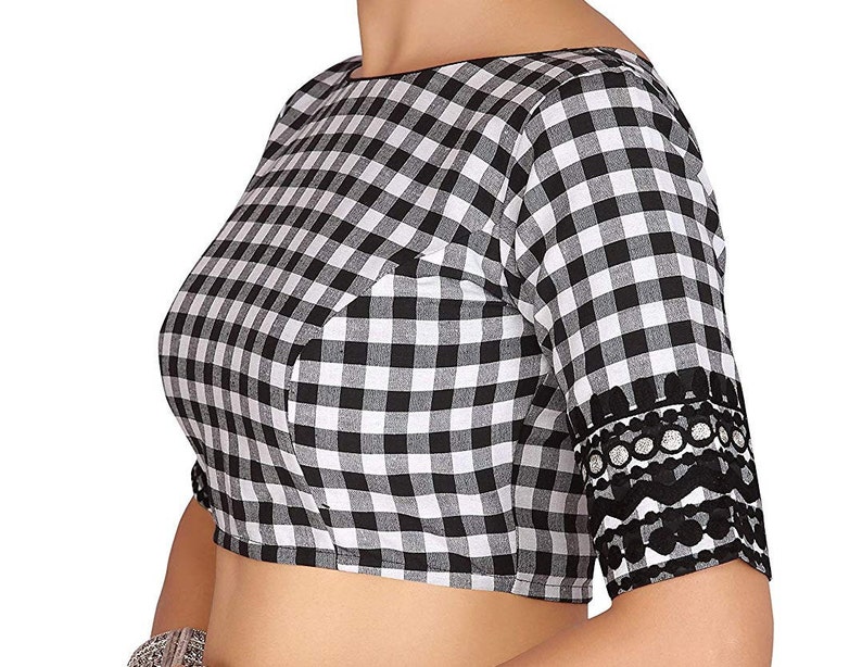 BLACK AND WHITE Cotton Readymade Blouse Stitched Wedding Christmas Party Wear Indianattire Crop Sari Top For Women