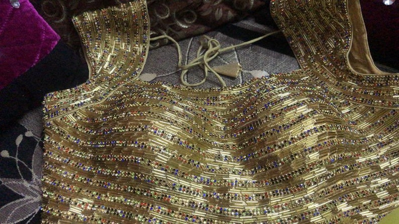 Heavy Golden Readymade Wedding Party Wear Zircon /& Bugle Glass Beads Work Blouse Choli Stitched Top Saree Marriage Tunic Sari for Women