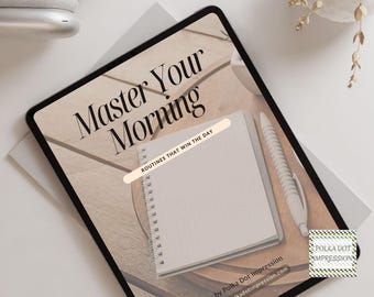 May include: A digital tablet displaying a document titled Master Your Morning with the subtitle Routines That Win The Day. The screen shows a blank spiral-bound notebook and a pen, with the text by Polka Dot Impression and the website address.