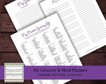 My Purple Grocery & Meal Planner, Organized Groceries, Printable Grocery List, Master Grocery PDF PDI SKU P00029