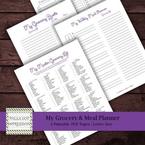 Mein lila Lebensmittel- und Mahlzeitenplaner, angeordnete Lebensmittel, druckbare Einkaufsliste, Master Grocery PDF PDI SKU P00029