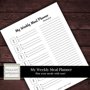 Puede incluir: Un planificador de comidas semanal blanco con el texto "My Weekly Meal Planner" y "Grocery List". El planificador incluye secciones para cada día de la semana, con espacios para el desayuno, el almuerzo y la cena. También se incluye el texto "Plan your meals with ease!"