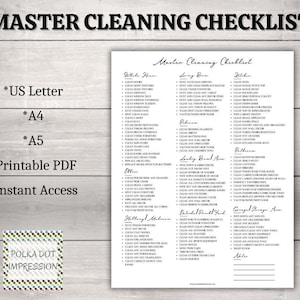 May include: A printable cleaning checklist titled "Master Cleaning Checklist" with sections for various rooms. The checklist includes options for US Letter, A4, and A5 sizes. The Polka Dot Impression logo is visible.