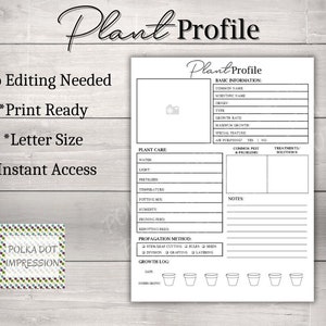 Op de afbeelding: Printbare plantprofielsjabloon met secties voor basisinformatie, plantverzorging, voortplantingsmethode en een groeilogboek. De sjabloon heeft een stippenachtergrond en de tekst "Plant Profile" staat bovenaan.
