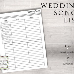 Wedding Songs List| Printable Song List| Music Management| DJ Playlist Planning| Wedding Music| Minimalist Wedding Template | PDI SKU P00065